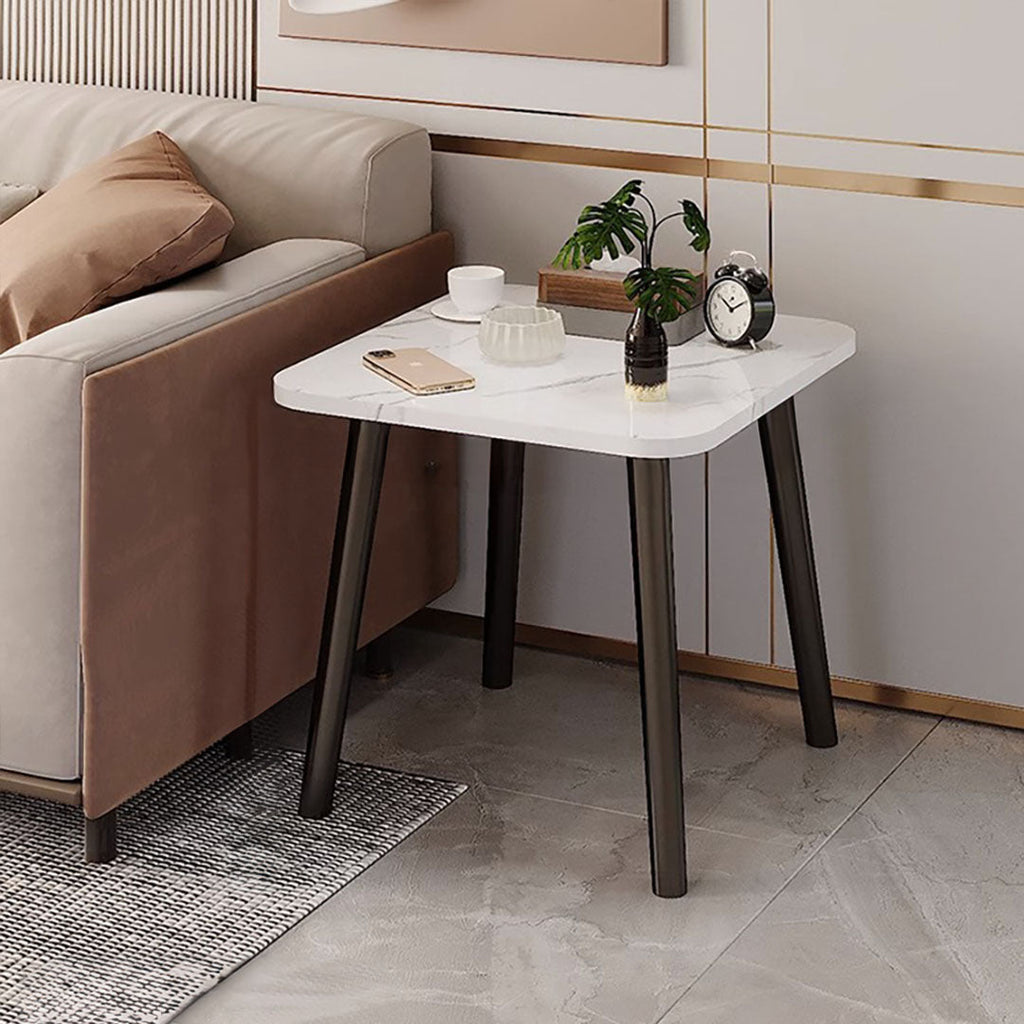 White ceramic side table with stone pattern top and black pine wood legs — view 2