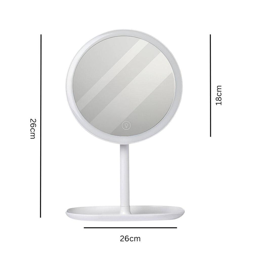 White round 26cm smart LED makeup vanity mirror with tricolor adjustable light on dressing table — view 2