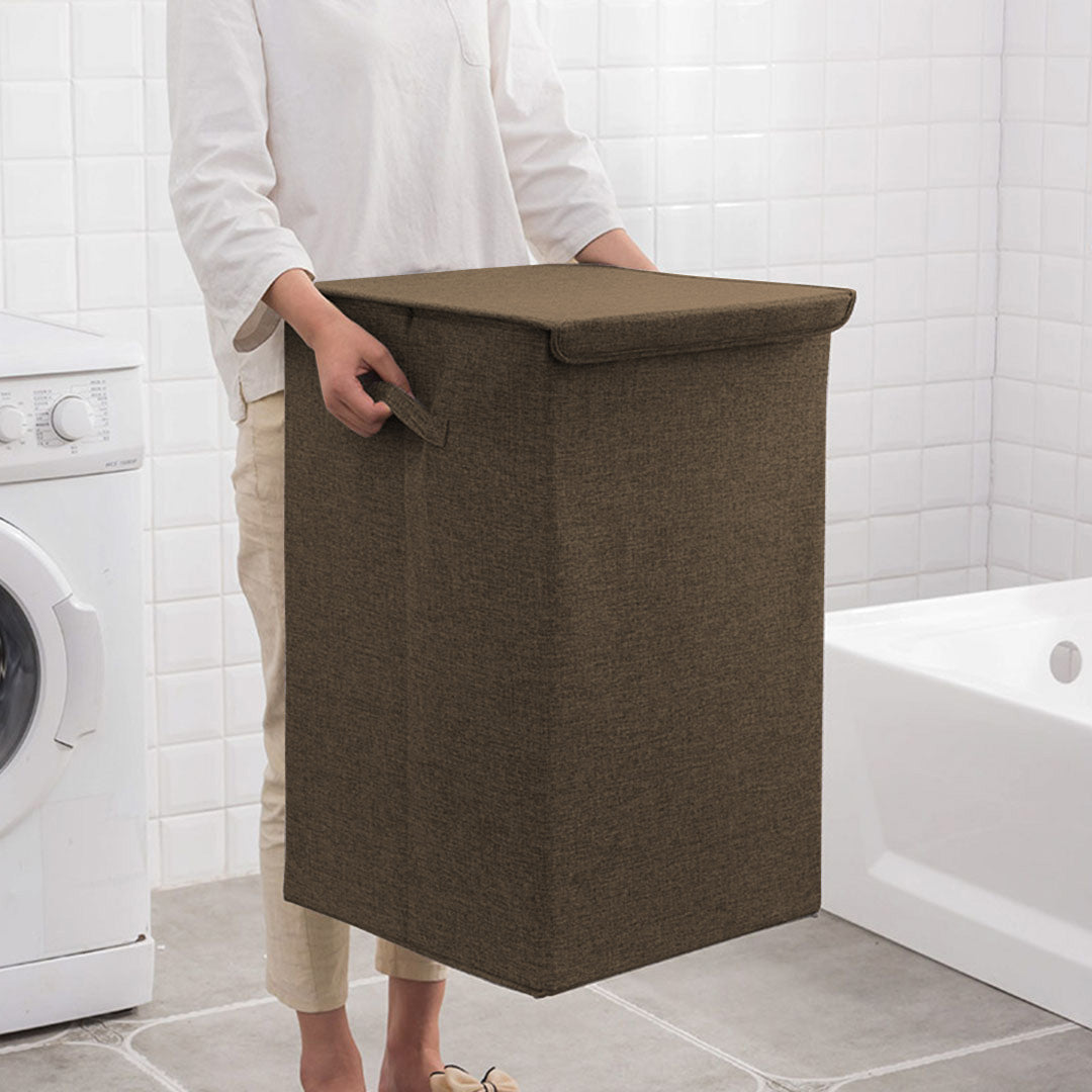 Large coffee brown canvas collapsible laundry hamper with lid and handles for home organization — view 2