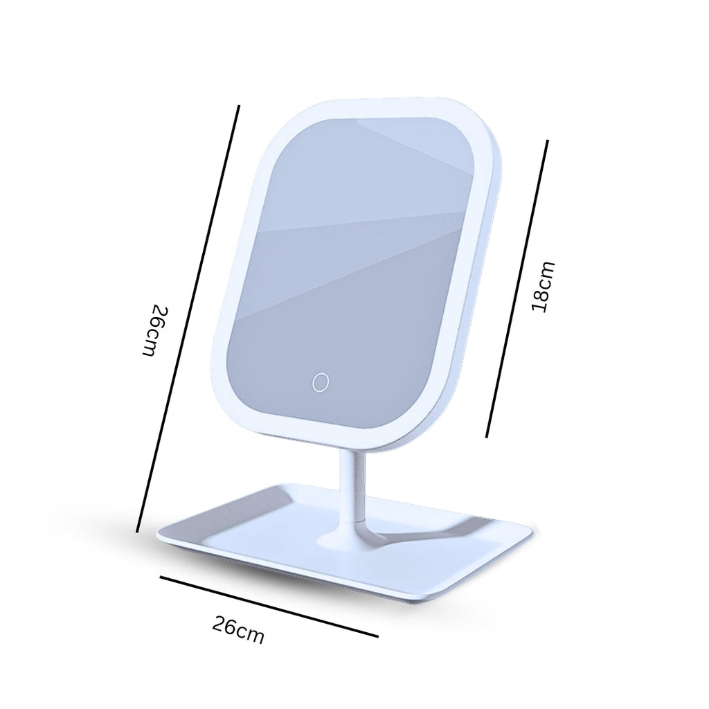White squared smart LED makeup vanity mirror with adjustable tricolor lights for bedroom dressing tables — view 2