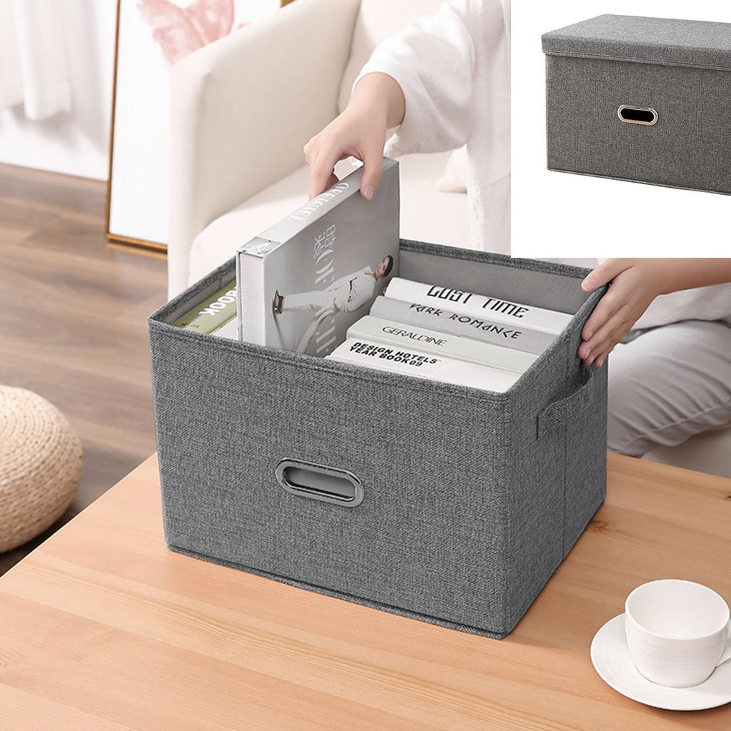Small grey foldable canvas storage box with rivet handles for stylish home organization. — view 2