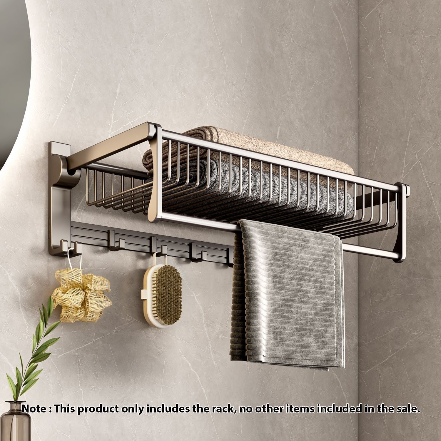 Gray aluminum wall-mounted double pole towel rack with hooks for modern bathroom storage — view 2