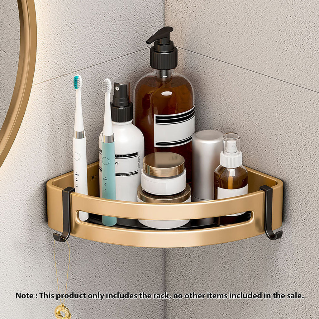 Gold wall-mounted triangular bathroom storage rack with hooks, made of rust-proof aluminum — view 2