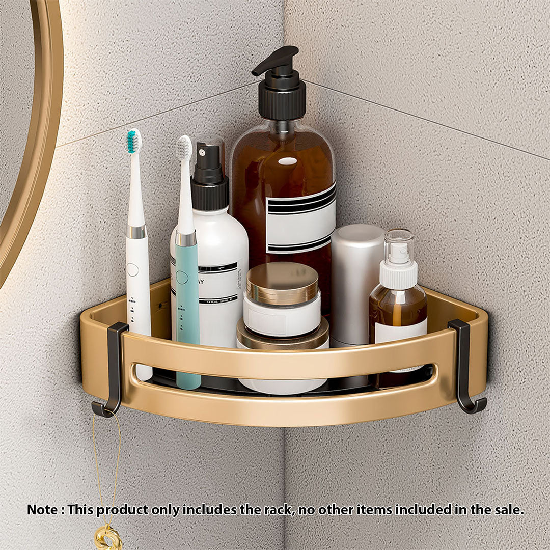 Gold wall-mounted triangular bathroom storage rack with hooks, made of rust-proof aluminum — view 2