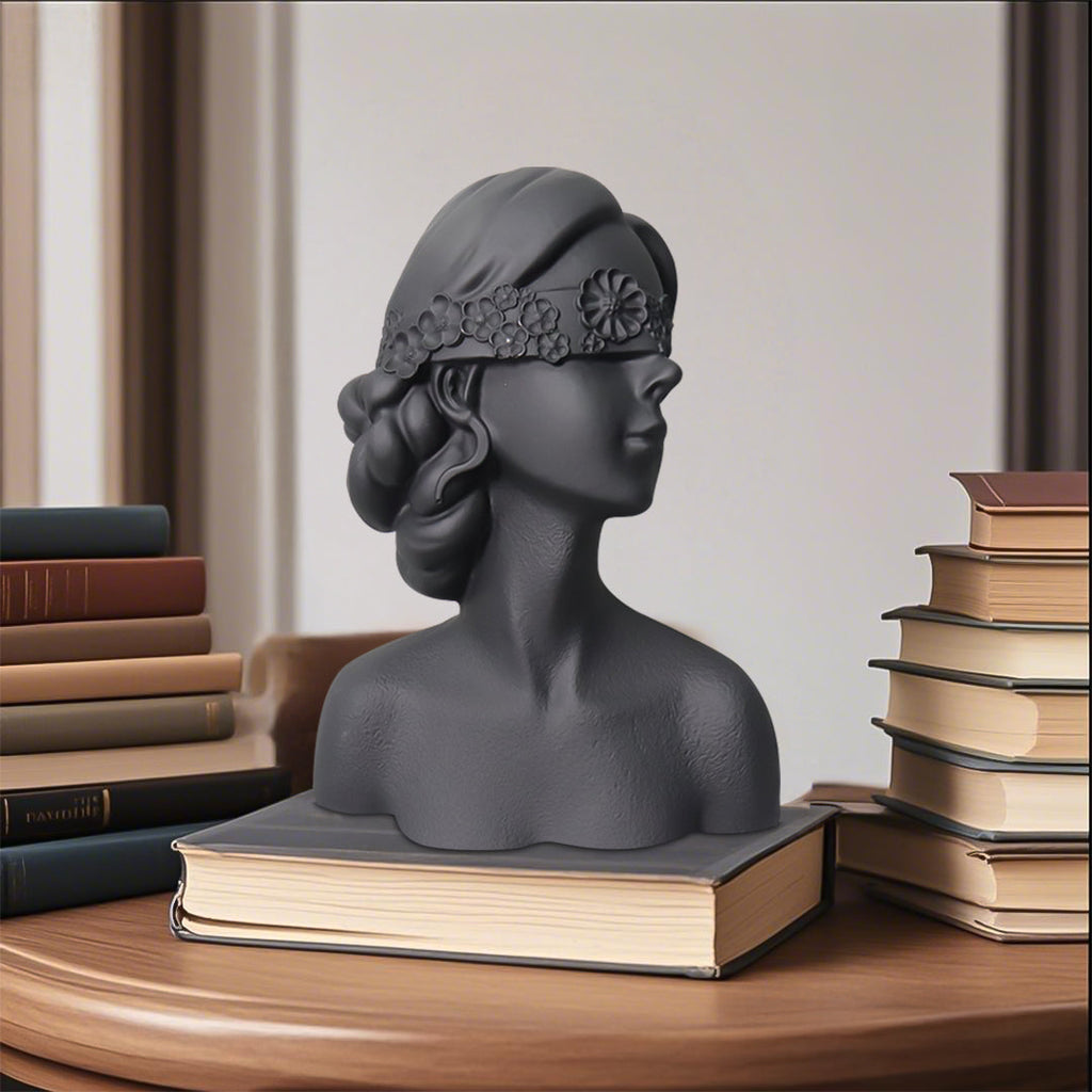 Matte black resin bust sculpture of a blindfolded lady with delicate floral crown detailing. — view 2