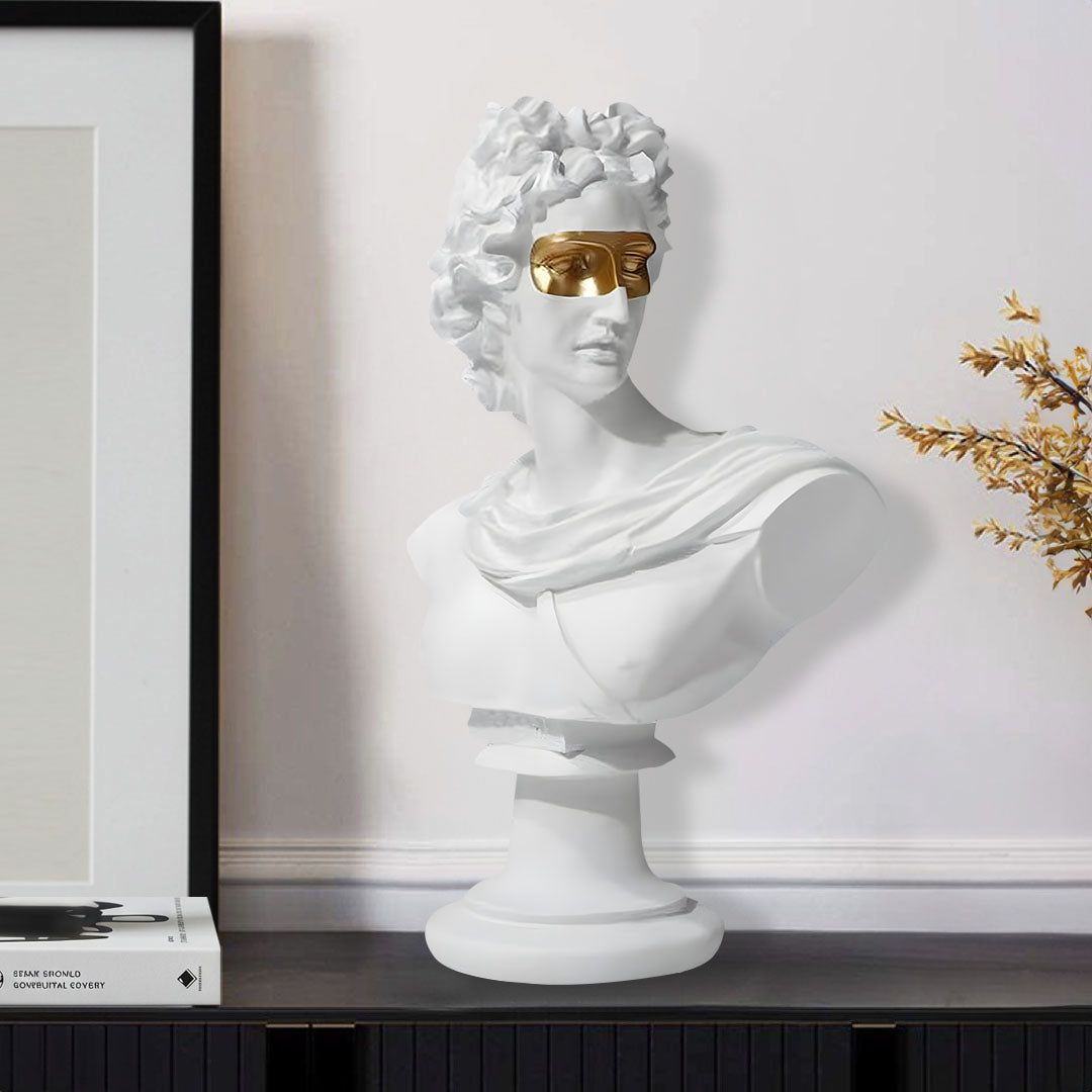 White Greco-Roman resin bust sculpture with modern gold sunglasses standing at 40cm tall — view 2