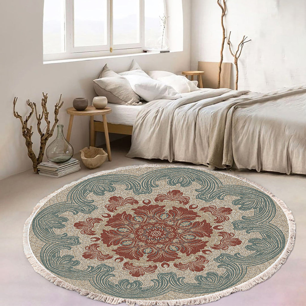 90cm round area rug with a mesmerizing multicolor mandala bohemian design and anti-slip backing — view 2