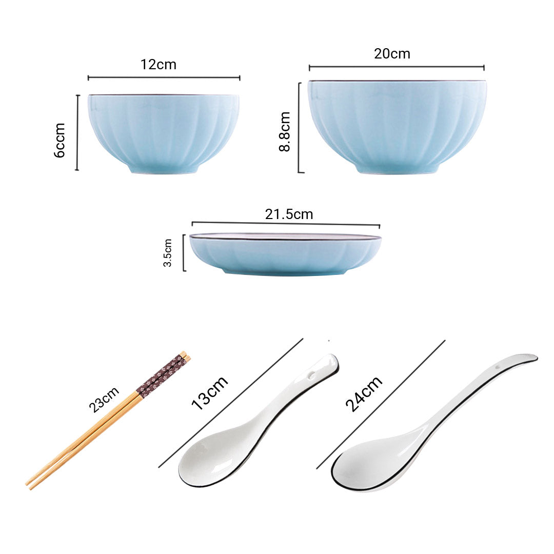 Blue Japanese style ceramic dinnerware set with bowls plates spoons and chopsticks in semi-matte glaze — view 2