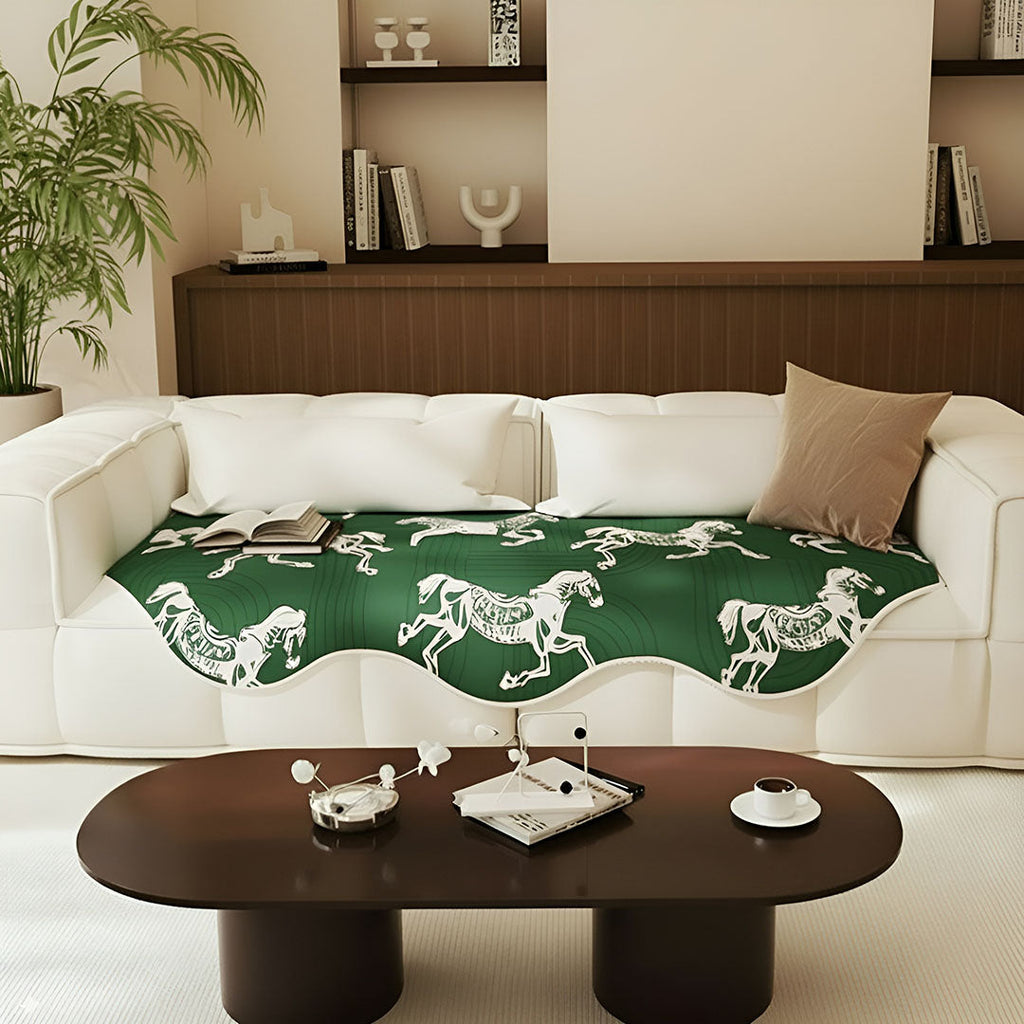 Green horse print three-seater sofa cover and polyester throw blanket draped over a modern couch. — view 2