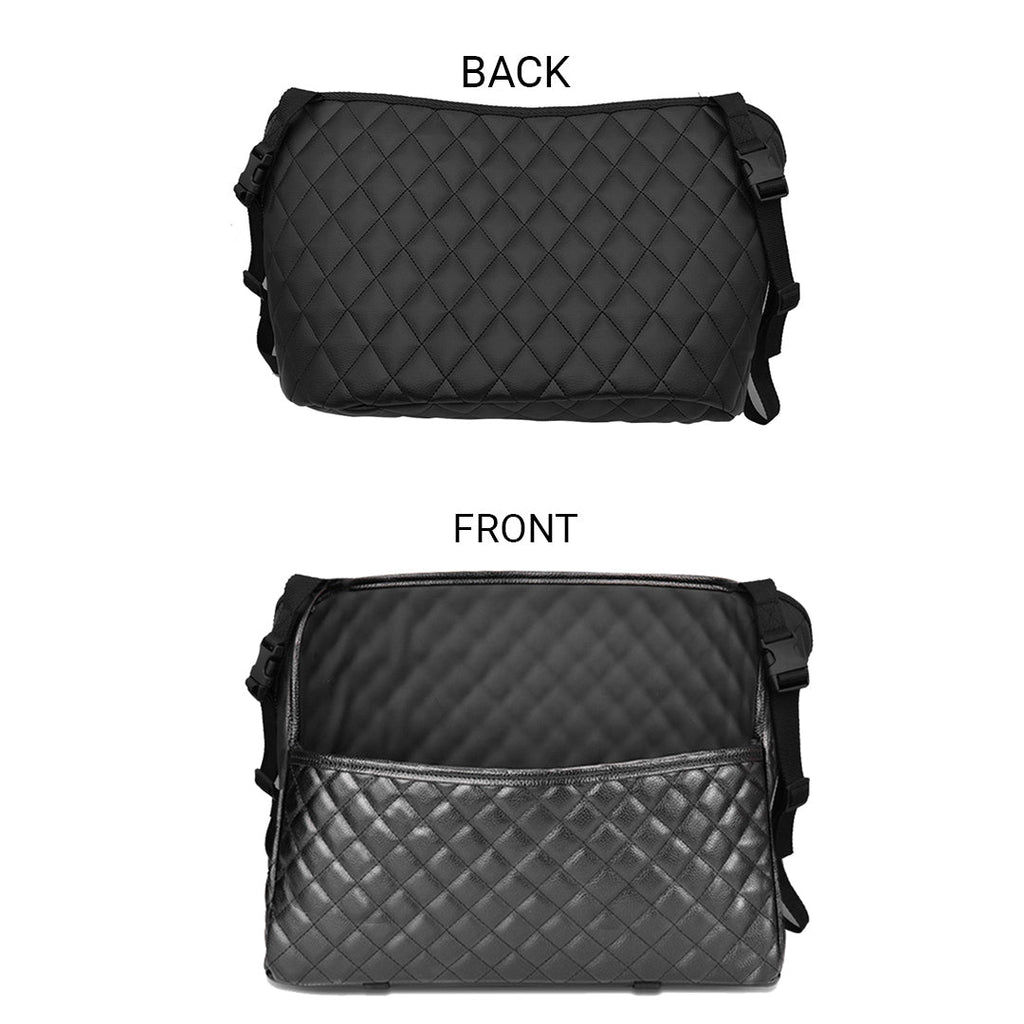 Black leather car organizer bag hanging between two front seats holding a purse and accessories — view 2
