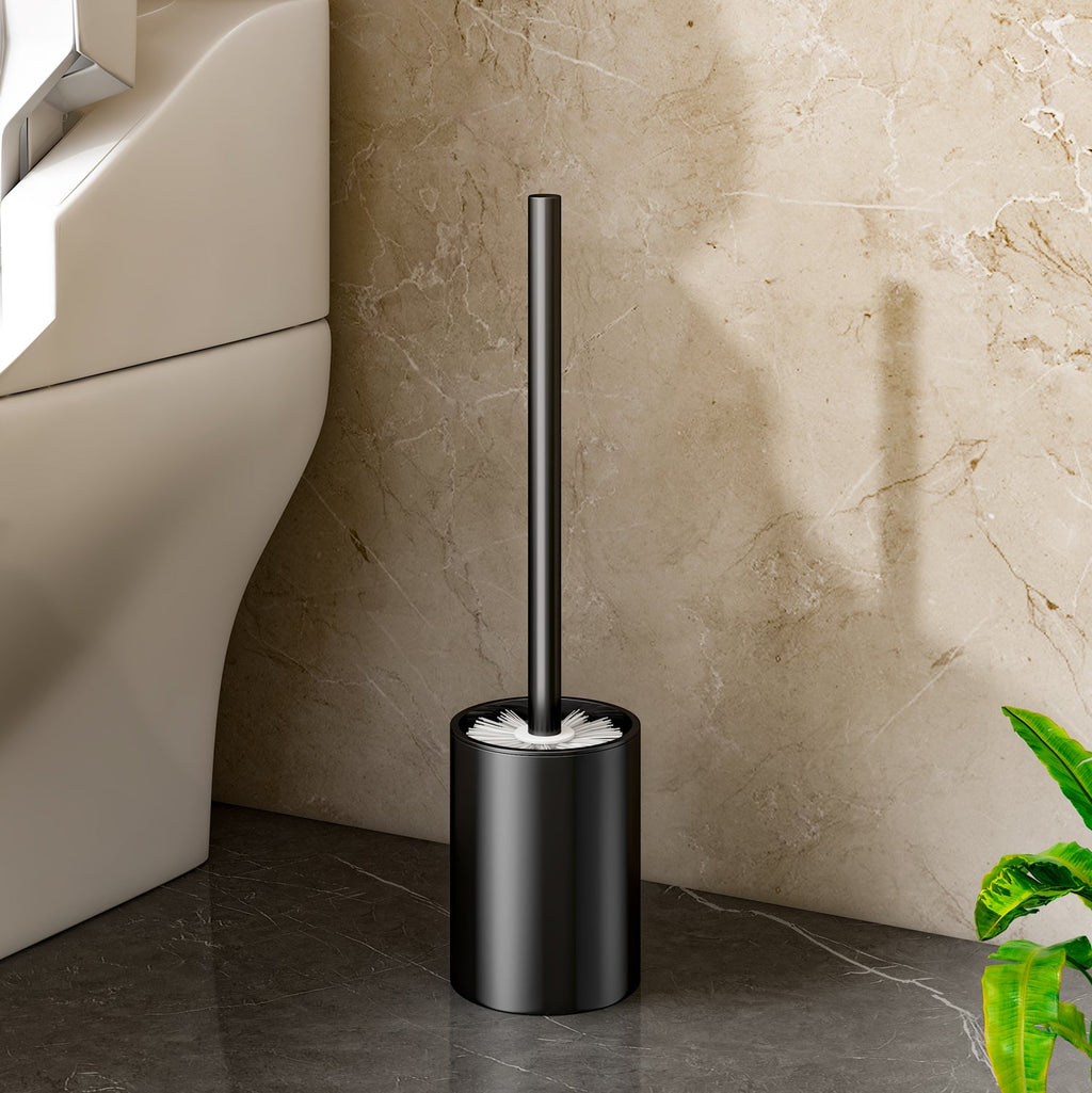 Black wall-mounted aluminum toilet brush set with minimalist holder and comfortable ergonomic handle — view 2