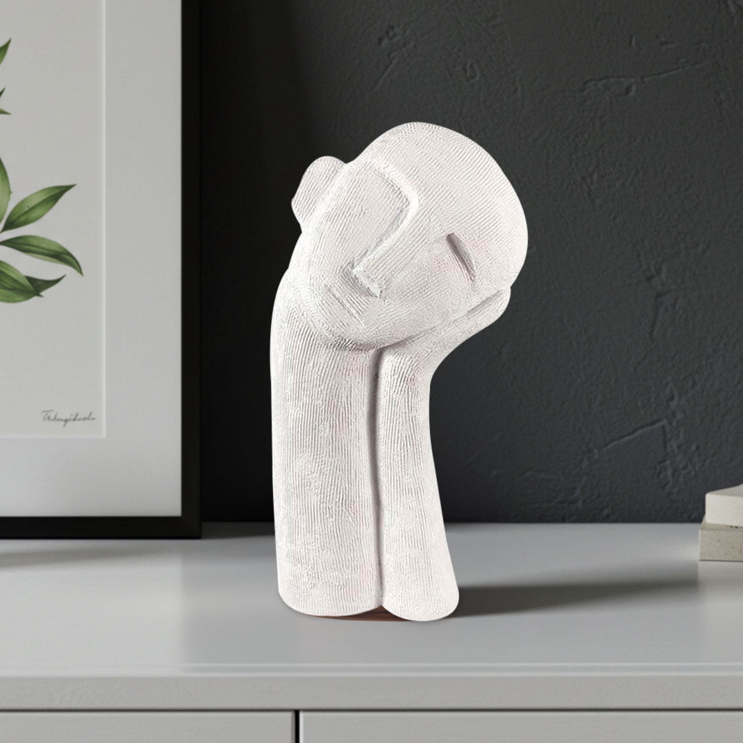 White minimalist abstract head sculpture with hand resting, matte resin home decor piece — view 2