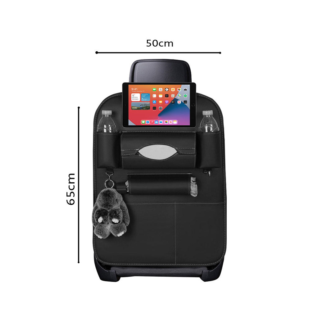 Black PVC leather car backseat organizer featuring multiple pockets, drink holders, and a tablet sleeve — view 2