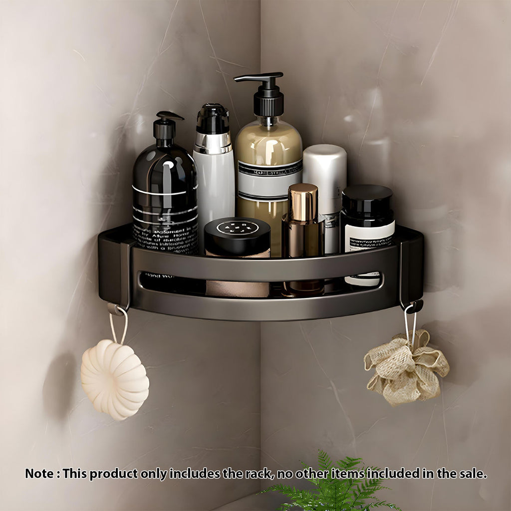 Two piece black aluminum triangular bathroom corner storage rack with hanging hooks and toiletries — view 2
