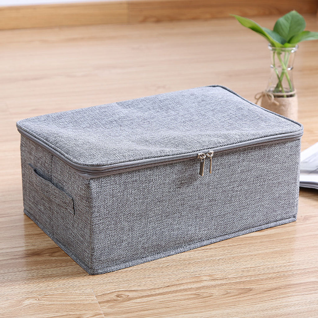 Small grey fabric foldable storage box with double zippers and reinforced handles for home organization — view 2