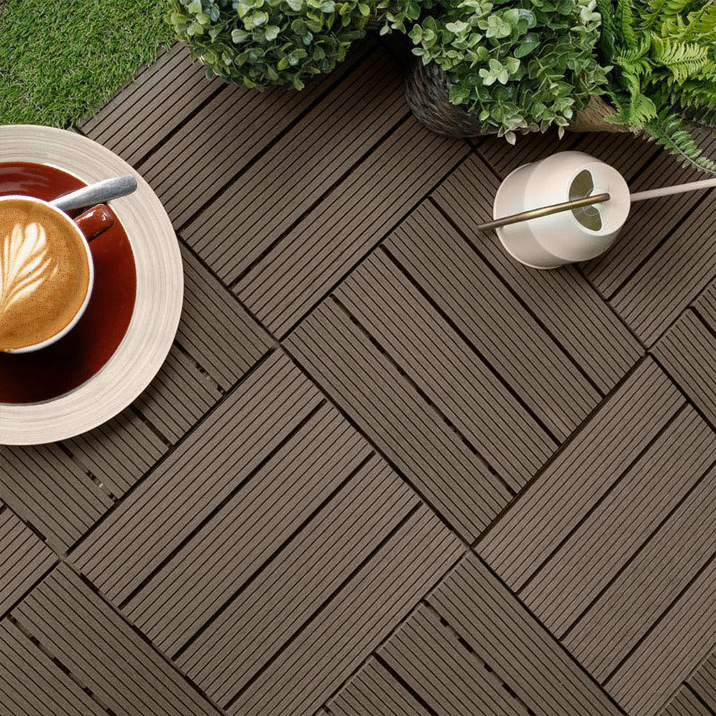 Dark chocolate wooden composite decking tiles with interlocking design for outdoor patio and garden flooring — view 2