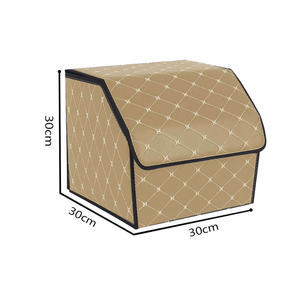 Beige leather car trunk organizer boxes with gold diamond stitching and foldable cover — view 2