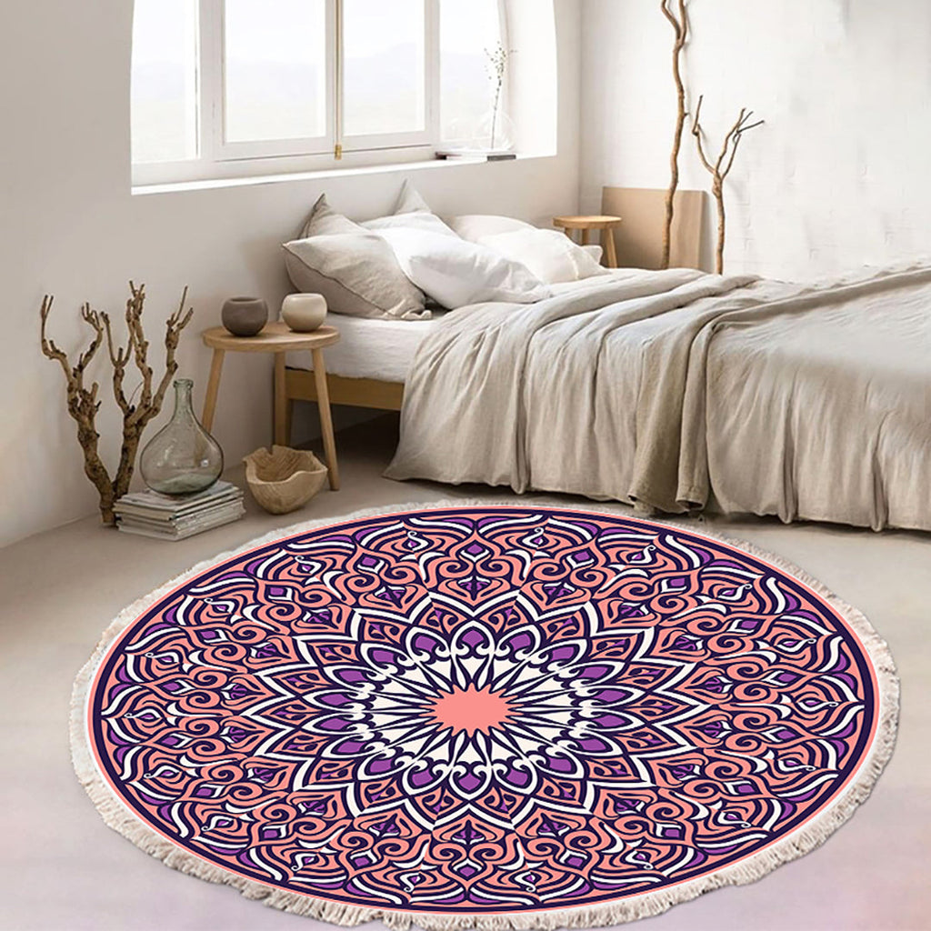 Purple mandala round area rug with anti-slip backing for modern living room decor — view 2