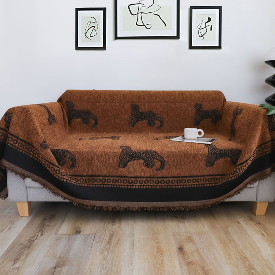 Brown leopard print two seater sofa cover made of polyester protecting a living room couch — view 2