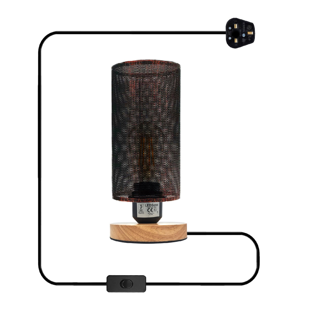 Retro industrial table lamp with metal wire cage and natural wooden base for bedroom lighting — view 4