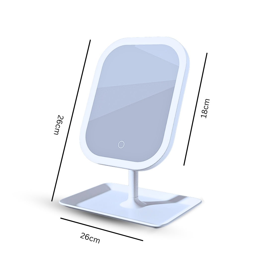 White squared smart LED makeup vanity mirror with tricolor adjustable lighting on table — view 2