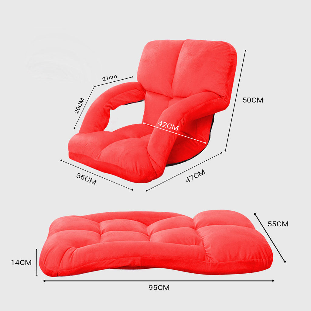 Red foldable floor lounge recliner chair with armrests and plush flannel cushion seating — view 2