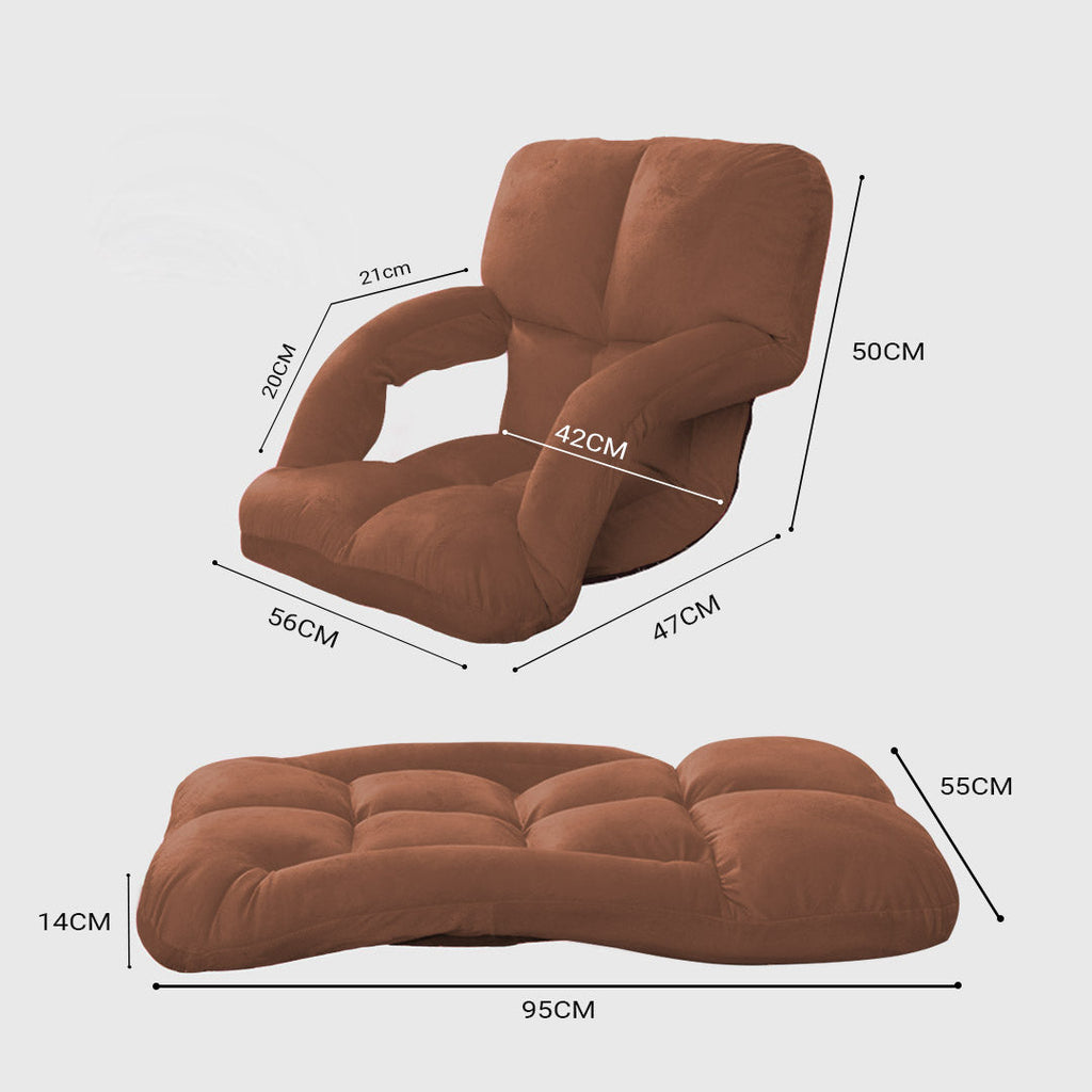 Coffee brown SOGA foldable floor lounge chair with armrests and plush flannel fabric — view 2