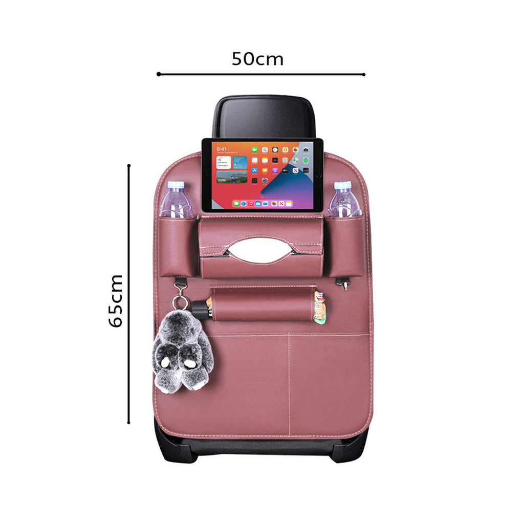 Coffee brown PVC leather car backseat organizer with multiple storage pockets and iPad holder — view 2