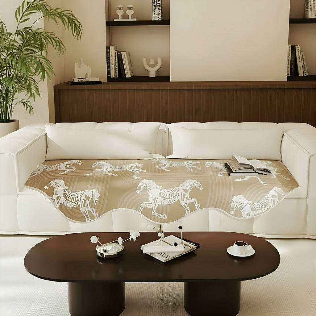Beige horse print four-seater sofa cover, polyester throw blanket draped elegantly over living room furniture — view 2