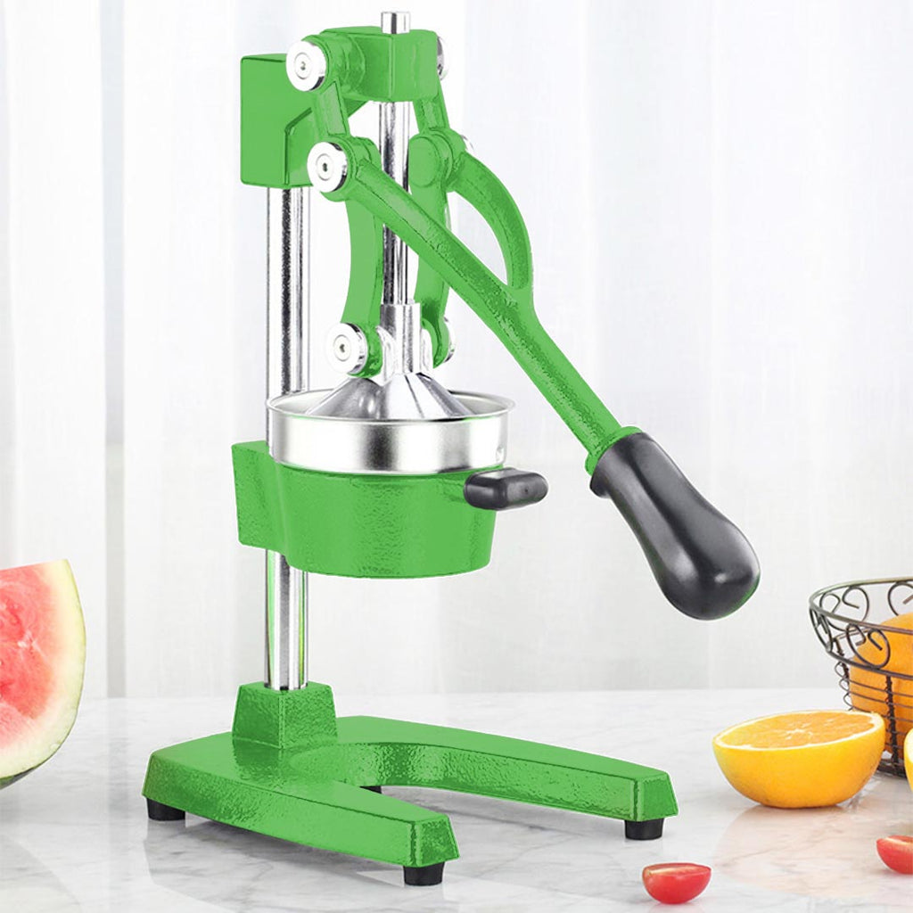 Green solid cast iron manual citrus juicer with food grade stainless steel strainer and heavy handle — view 2