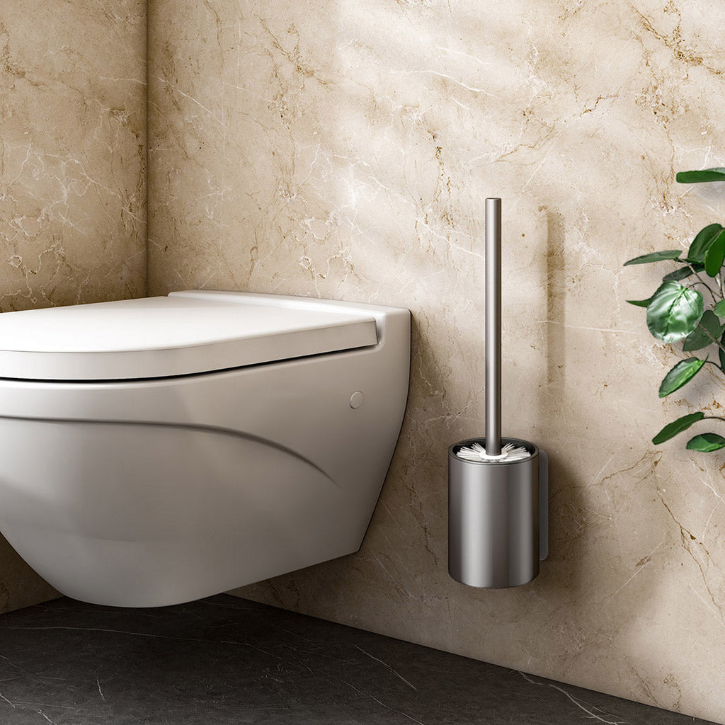 Two dark grey wall-mounted aluminum toilet brushes with ventilated holders and hygienic bristles — view 2