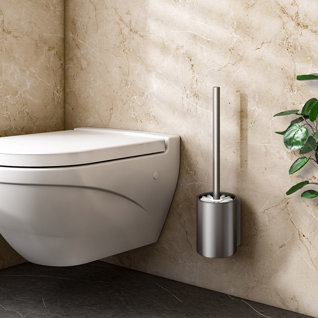 Two dark grey wall-mounted aluminum toilet brushes with ventilated holders and hygienic bristles — view 2