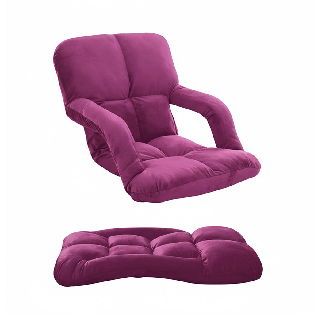 Magenta adjustable foldable floor chair with armrests plush flannel fabric and steel frame — view 2