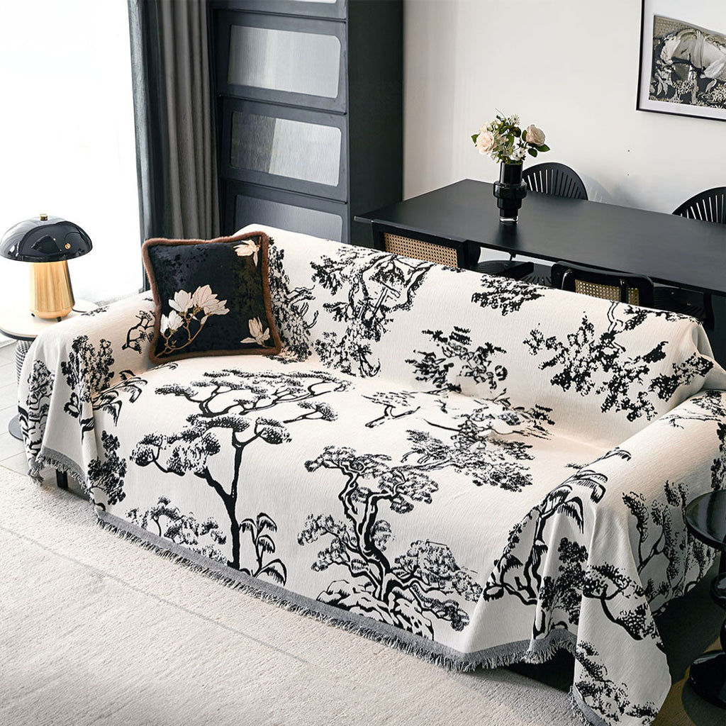 White tree print polyester three-seater sofa cover draped elegantly over a modern living room couch — view 2