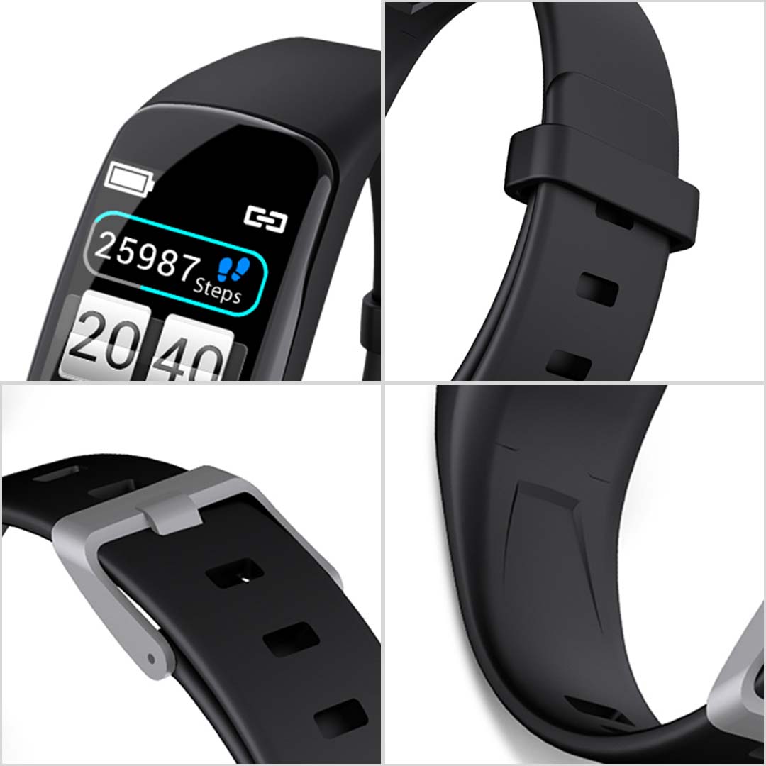Red SOGA smart watch fitness tracker displaying a digital touch screen with heart rate monitor — view 2