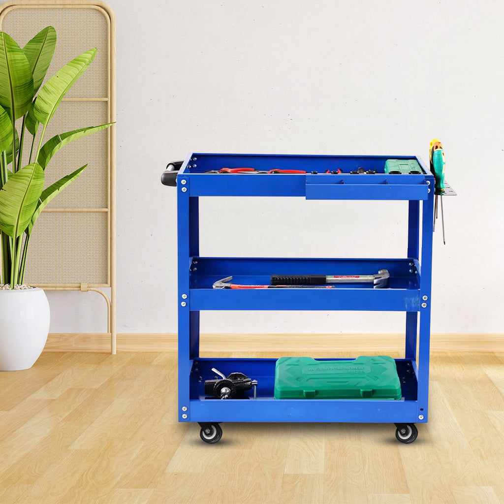 Blue three tier heavy duty steel mobile tool storage cart on wheels — view 2
