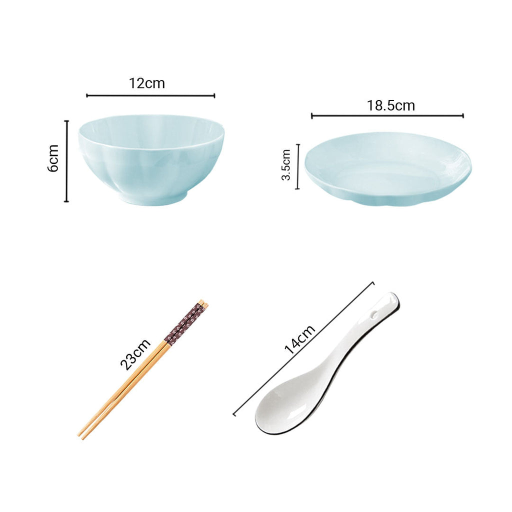 Light blue Japanese style ceramic dinnerware set including soup bowls, plates, spoons, and wooden chopsticks — view 2