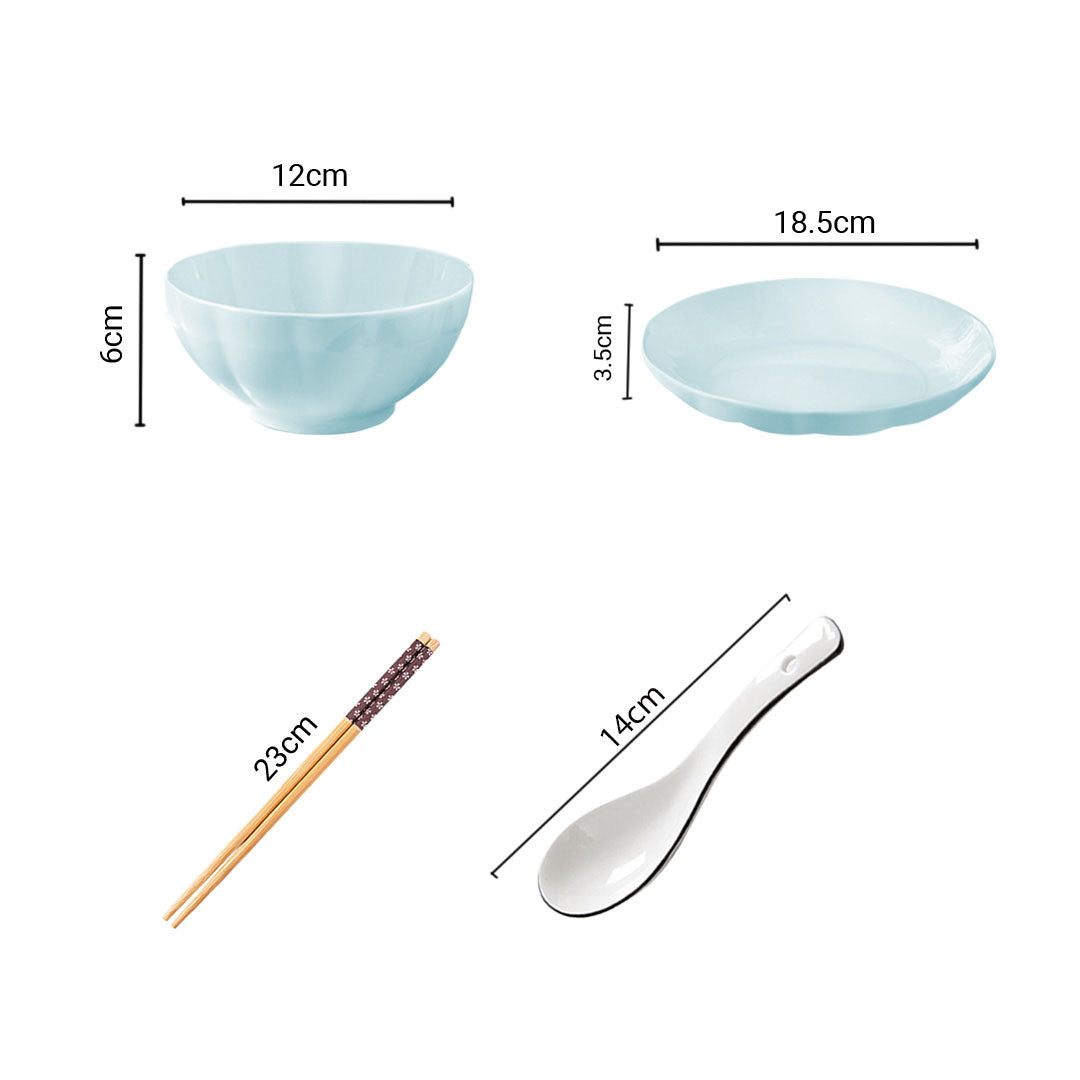 Light blue Japanese style ceramic dinnerware set including soup bowls, plates, spoons, and wooden chopsticks — view 2
