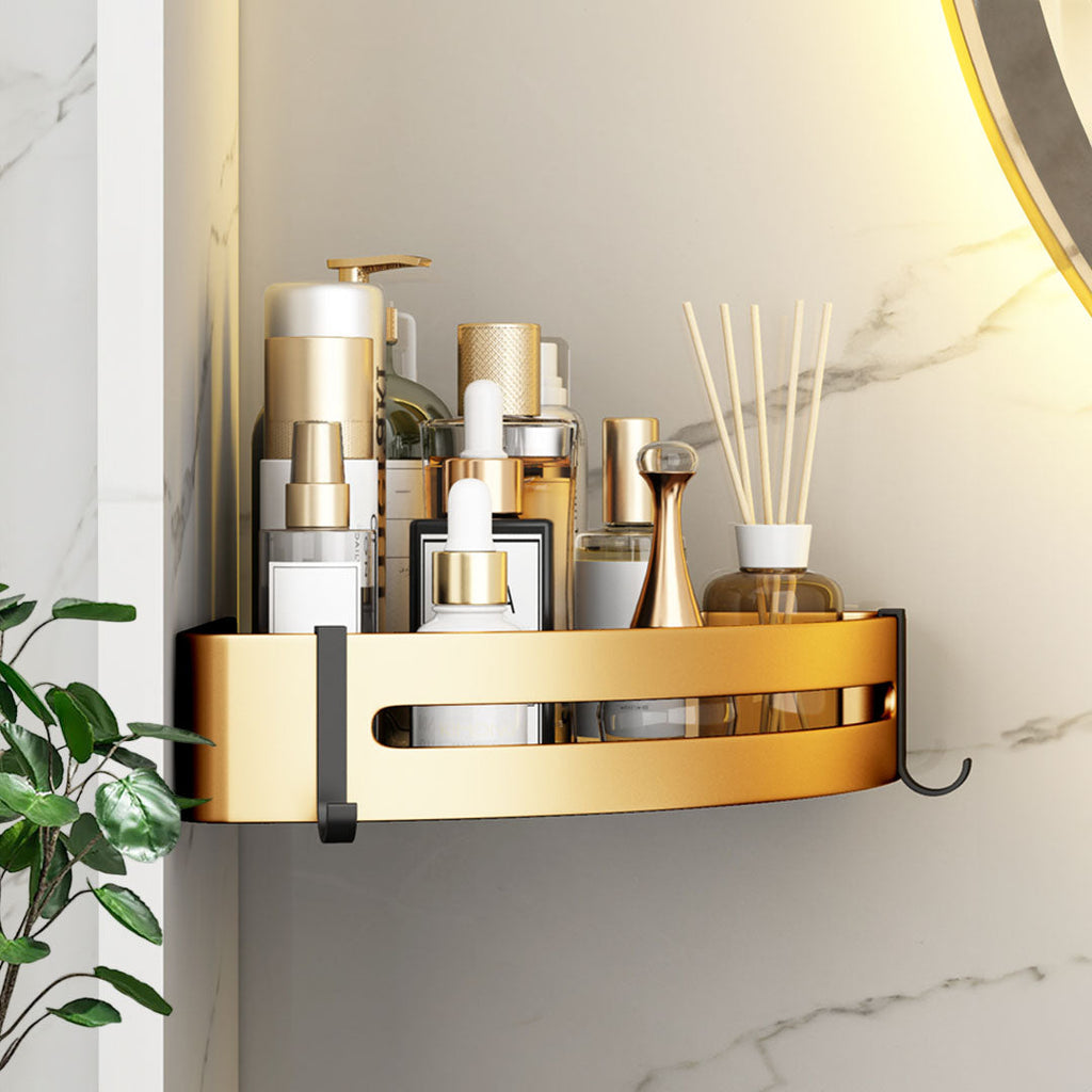 Gold wall-mounted triangular bathroom storage rack with hooks, made of rust-proof aluminum — view 3