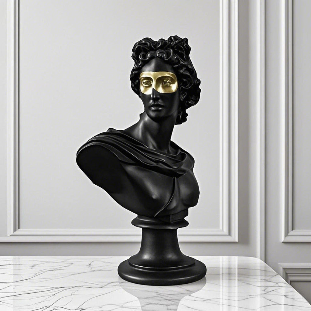 Black resin classical bust sculpture featuring a modern gold eye mask on a marble base. — view 3