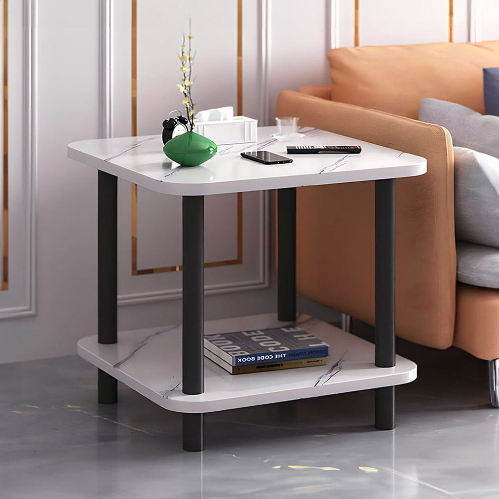 White stone-patterned side table with sleek black pine wood legs for modern living room decor — view 3