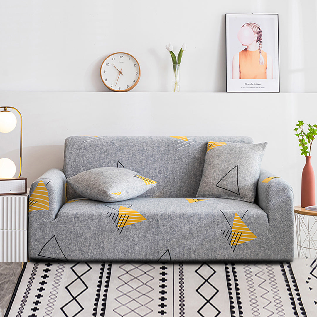 Grey geometric print 4-seater sofa cover stretched securely over a modern living room couch — view 3
