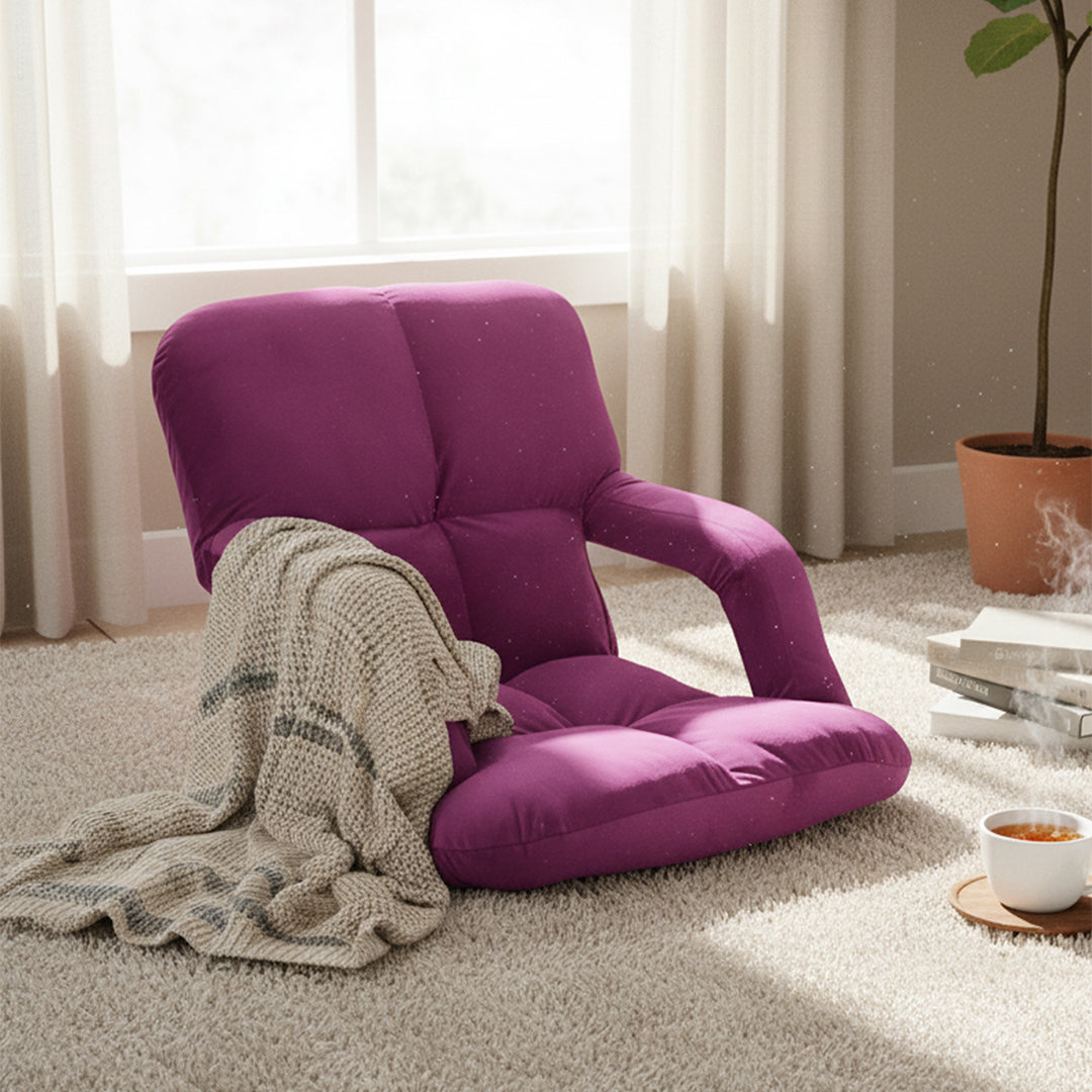 Magenta adjustable foldable floor chair with armrests plush flannel fabric and steel frame — view 3