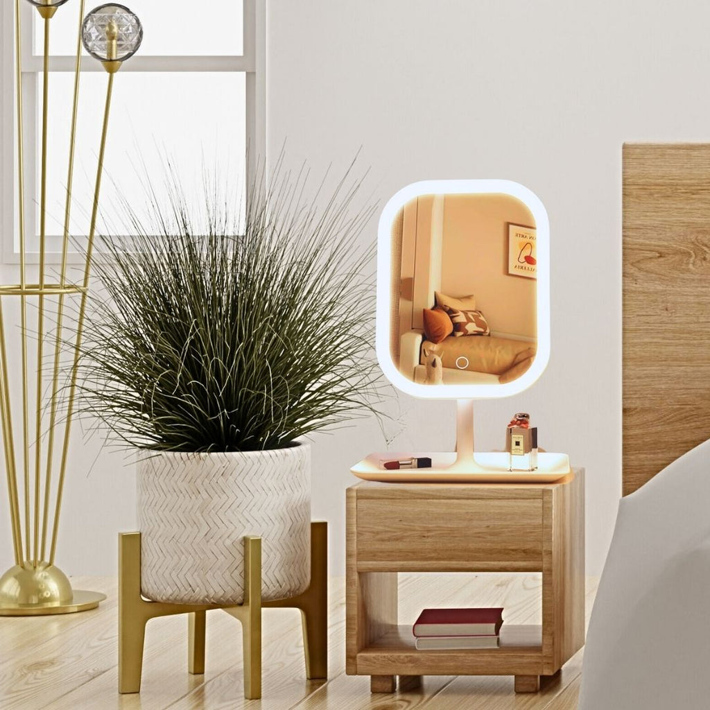 White squared smart LED makeup vanity mirror with adjustable light on a tabletop — view 3