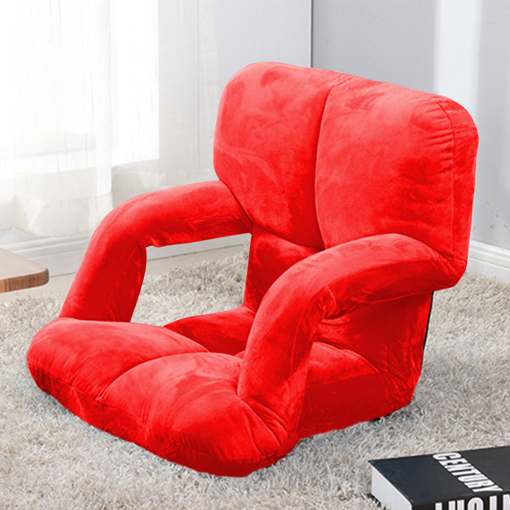 Red foldable floor lounge recliner chair with armrests and plush flannel cushion seating — view 3