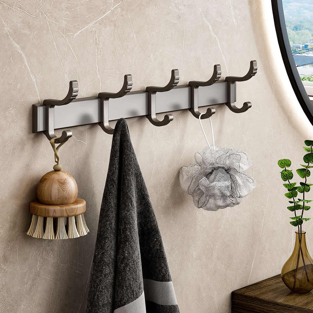 Black wall mounted aluminum towel rack organizer with multiple hooks for bathroom and entryway storage — view 3