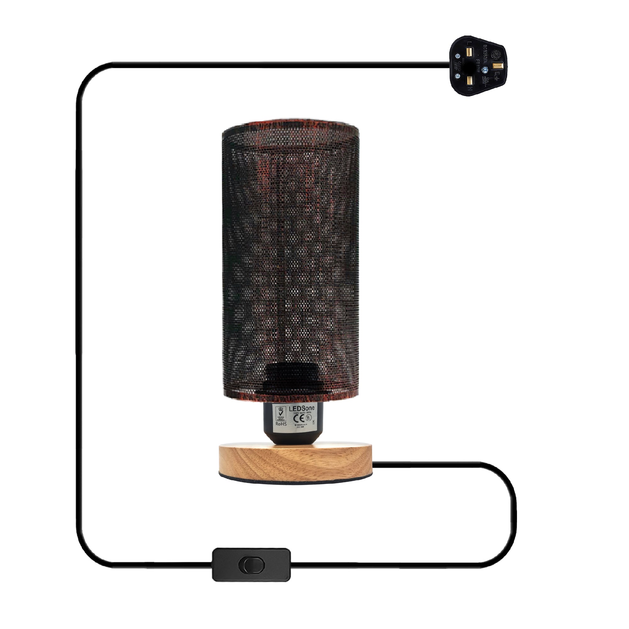 Retro industrial table lamp with metal wire cage and natural wooden base for bedroom lighting — view 5