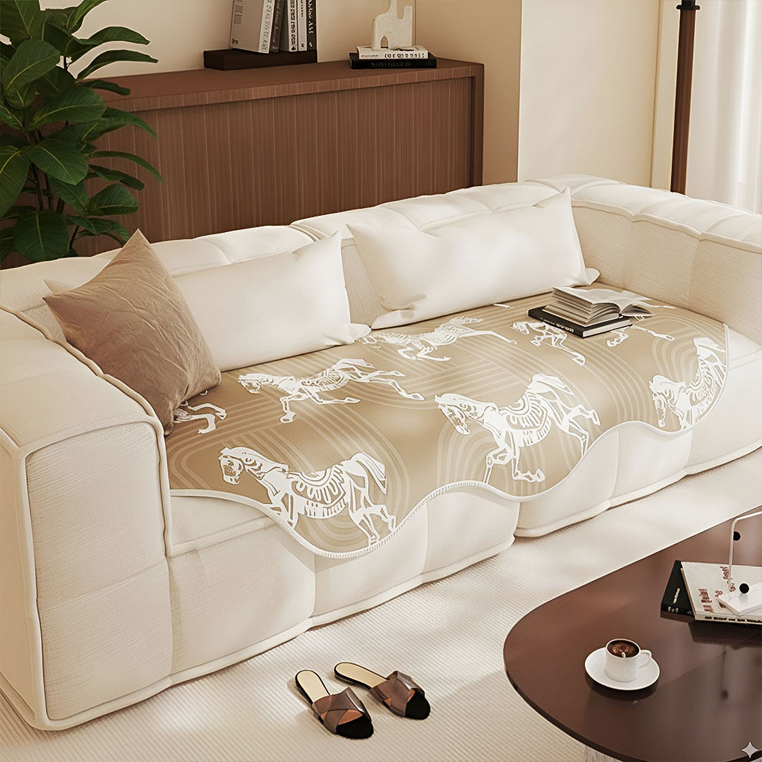 Beige horse print four-seater sofa cover, polyester throw blanket draped elegantly over living room furniture — view 3