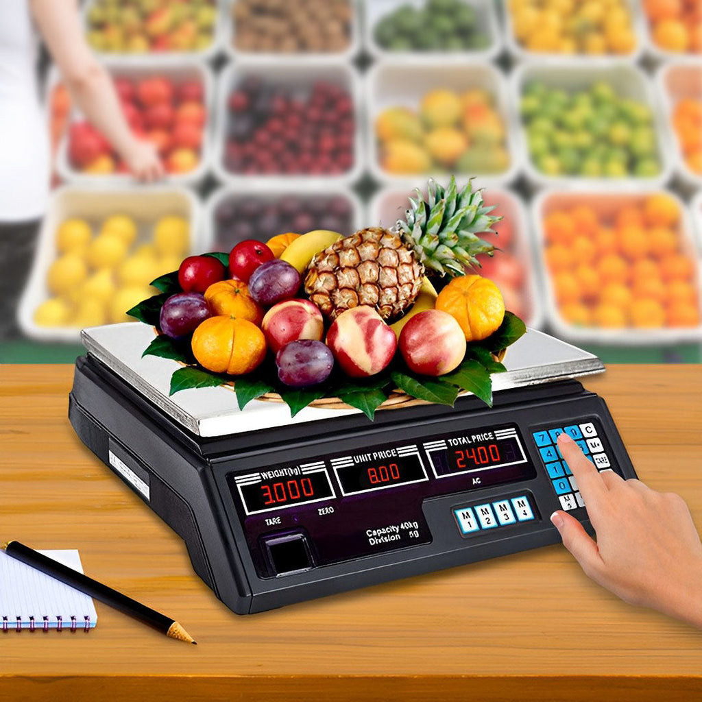 Two SOGA digital kitchen scales in black with stainless steel platforms and double sided LCD displays — view 3