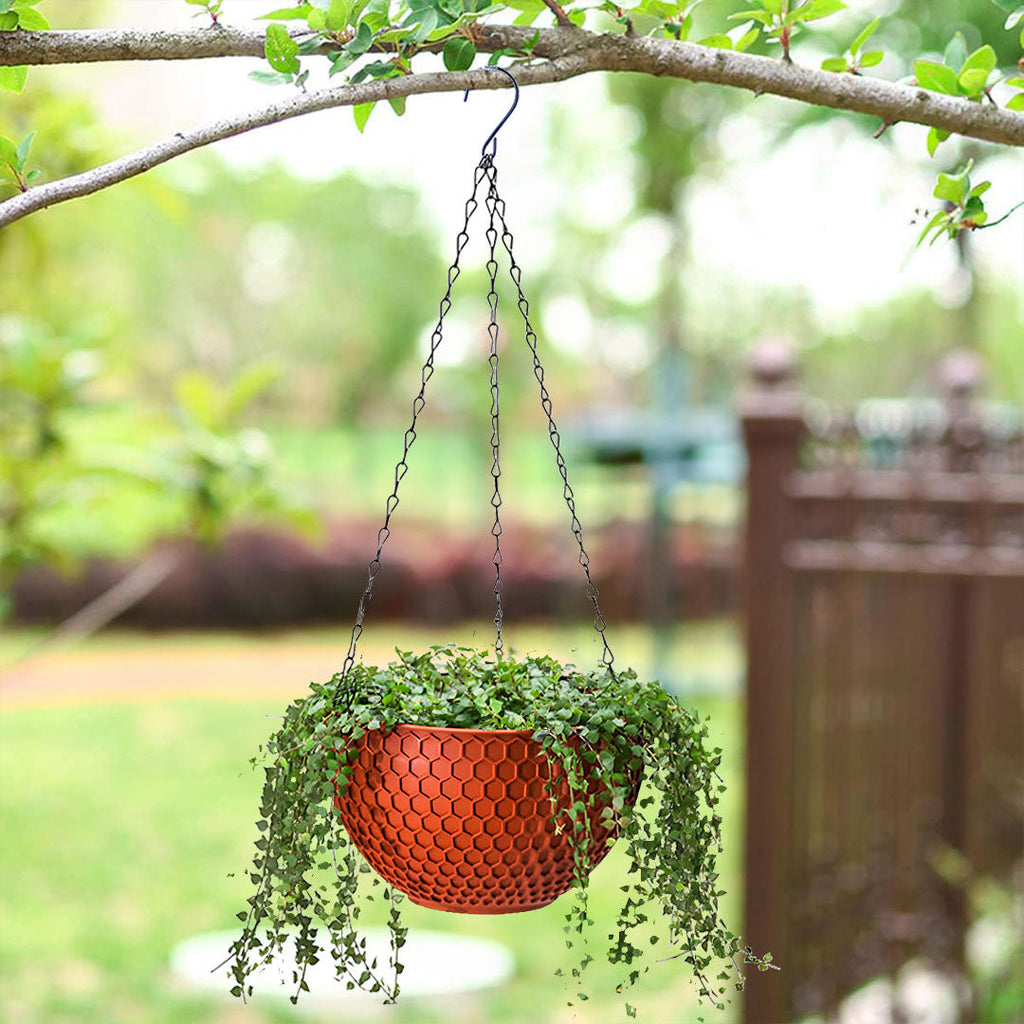 Two vibrant red large hanging resin plant pots with suspension chains and hooks — view 3